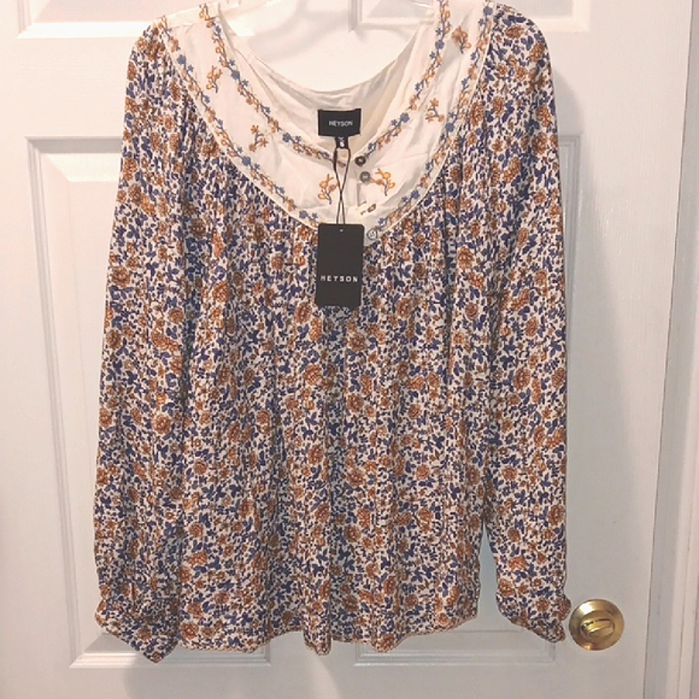 NWT HEYSON Blue and Gold Smocked Blouse with Bib Collar